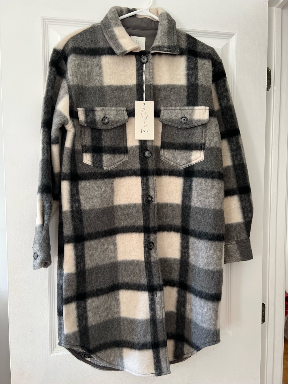 Joie Long Plaid Shacket Shirt Jacket Coat Grey White NWT Size S